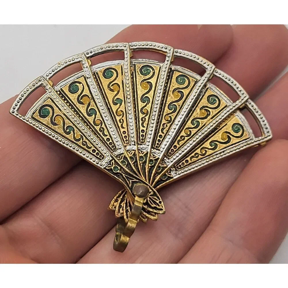 Antique Spain Gold Tone Enamel Design Damascene Articulating Fan Brooch Pendant